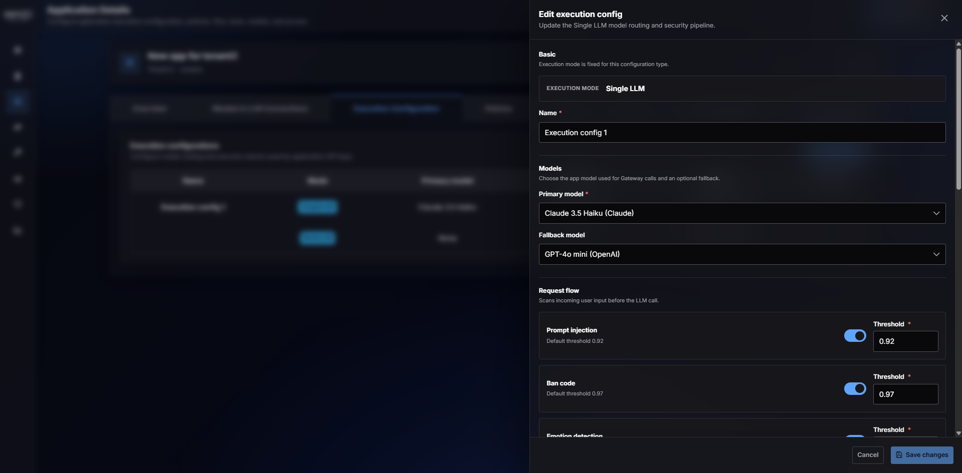 Dominion execution configuration panel with primary model, fallback model and security checks