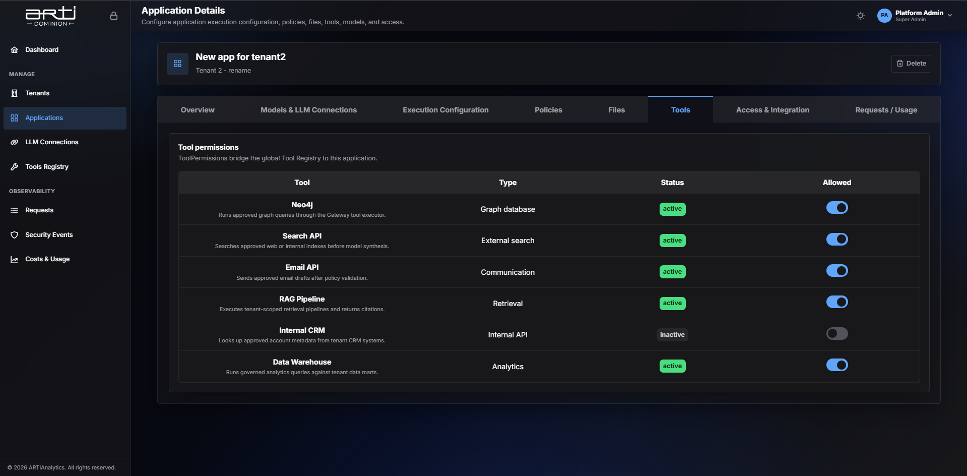 Dominion tool permissions screen listing third-party tools with allow toggles